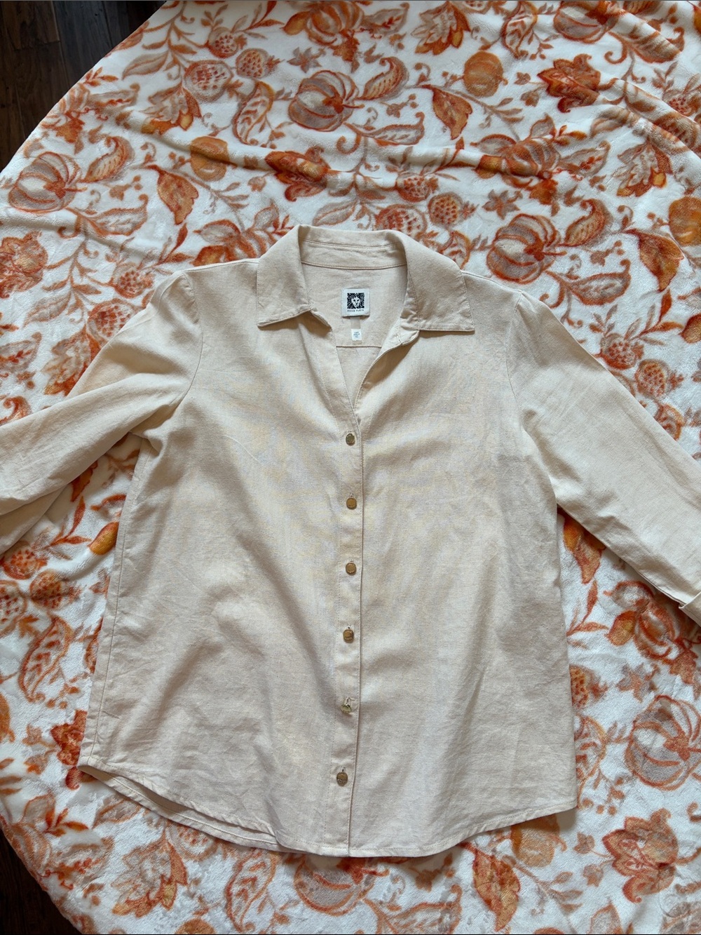 Anne Klein Linen Blend Cream Button-Down Collared Women's Shirt